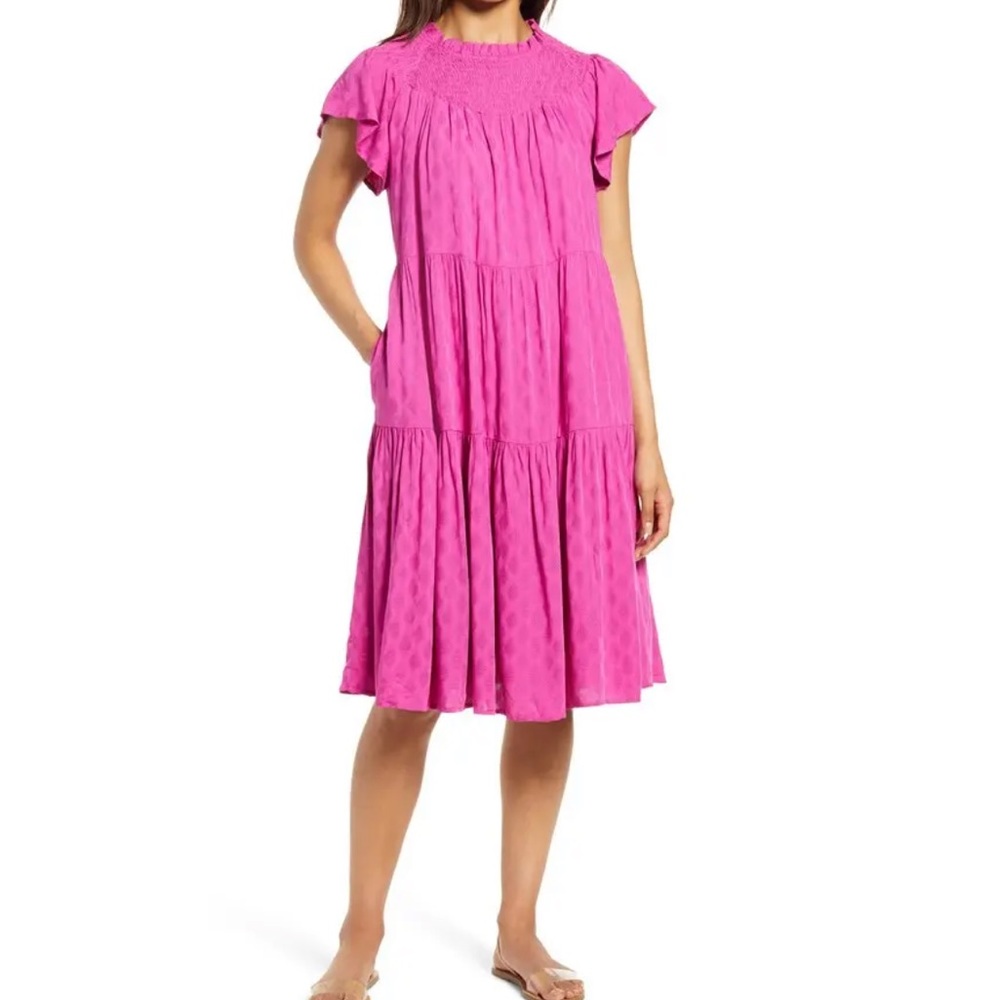 Btfl-Life Flutter Sleeve Tiered Jacquard Dress. Small